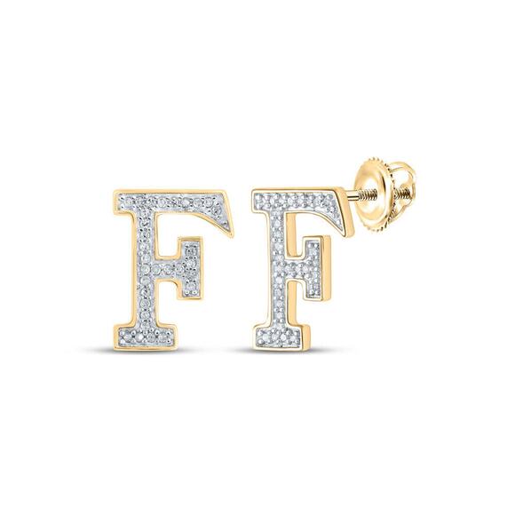 10kt Yellow Gold Round Diamond F Initial Letter Earrings - Picture 1 of 1